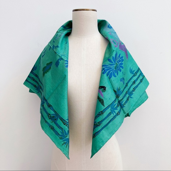 Green Blue Thai Silk Scarf 35” Floral Bird Bamboo - Picture 6 of 12